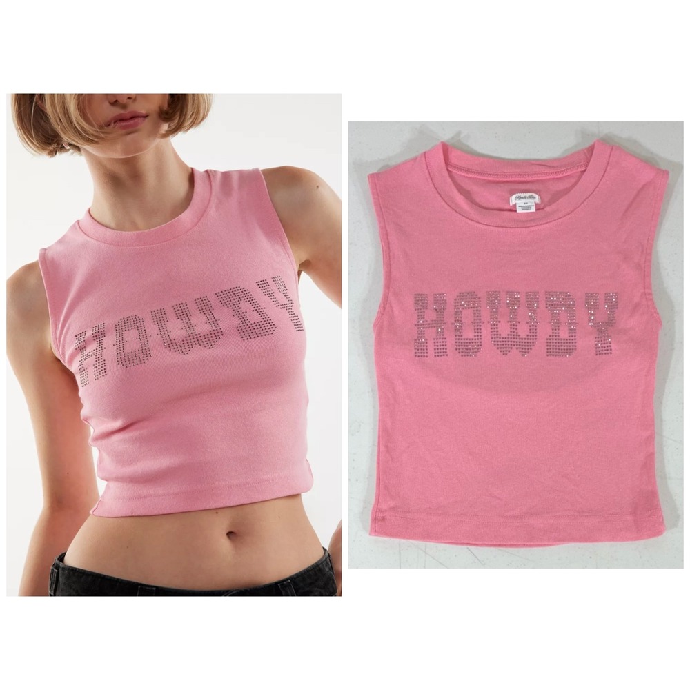Kimchi Blue Devon Tank Top XXXS Pink Howdy Rhinestone Cropped Western ASO READ